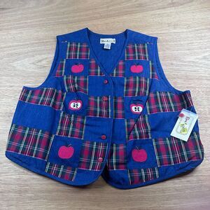 Bechamel II Womens Vest 1X Patchwork Plaid Apple Teacher Denim Cottagecore NWT